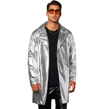 Lars Amadeus Men's Metallic Disco Party Long Trench Coat with Belt
